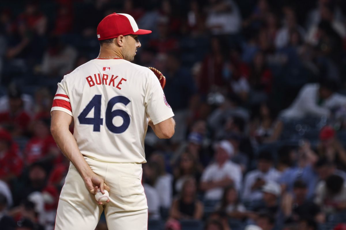 Los Angeles Angels left handed pitcher Brock Burke (46) prepares to deliver a pitch during the MLB game against the Texas Rangers Tuesday July 29th, 2025 at Angel's Stadium in Anaheim, Calif.