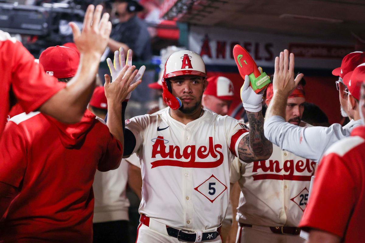 Los Angeles Angels infielder Yoán Moncada (5) celebrates after scoring a run during the MLB game against the Texas Rangers Tuesday July 29th, 2025 at Angel's Stadium in Anaheim, Calif.