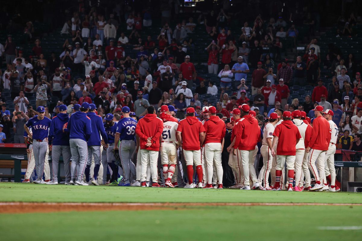 Los Angeles Angels clear the benches during the MLB game against the Texas Rangers Tuesday July 29th, 2025 at Angel's Stadium in Anaheim, Calif.