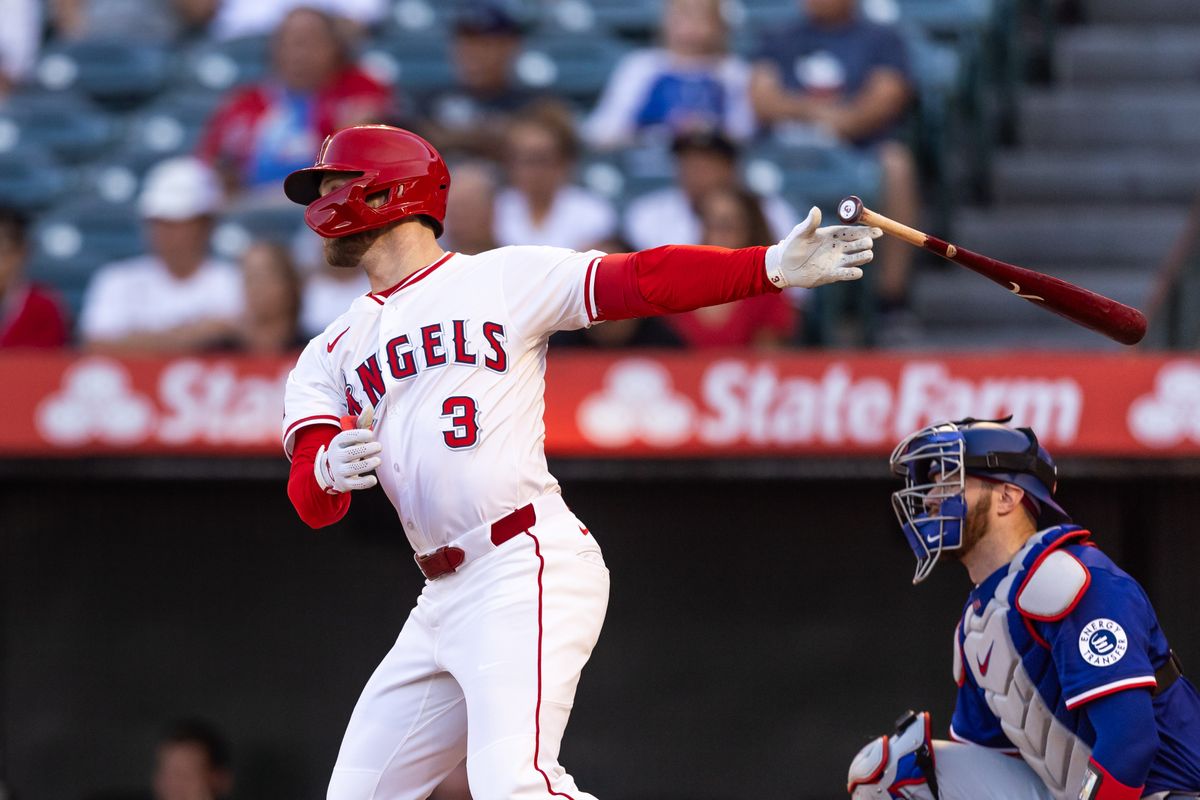 Los Angeles Angels outfielder Taylor Ward (3) gets a hit and throws the bat during the MLB game against the Texas Rangers Tuesday July 30th, 2025 at Angel's Stadium in Anaheim, Calif. Los Angeles Angels outfielder Taylor Ward (3) gets a hit and throws the bat during the MLB game against the Texas Rangers Tuesday July 30th, 2025 at Angel's Stadium in Anaheim, Calif.