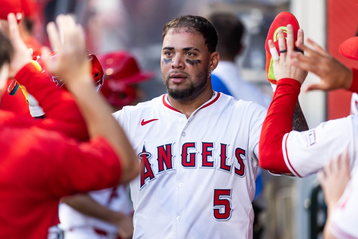 Los Angeles Angels third base Yoán Moncada (5) celebrating run in the dugout during the MLB game against the Texas Rangers Tuesday July 30th, 2025 at Angel's Stadium in Anaheim, Calif. Los Angeles Angels third base Yoán Moncada (5) celebrating run in the dugout during the MLB game against the Texas Rangers Tuesday July 30th, 2025 at Angel's Stadium in Anaheim, Calif.