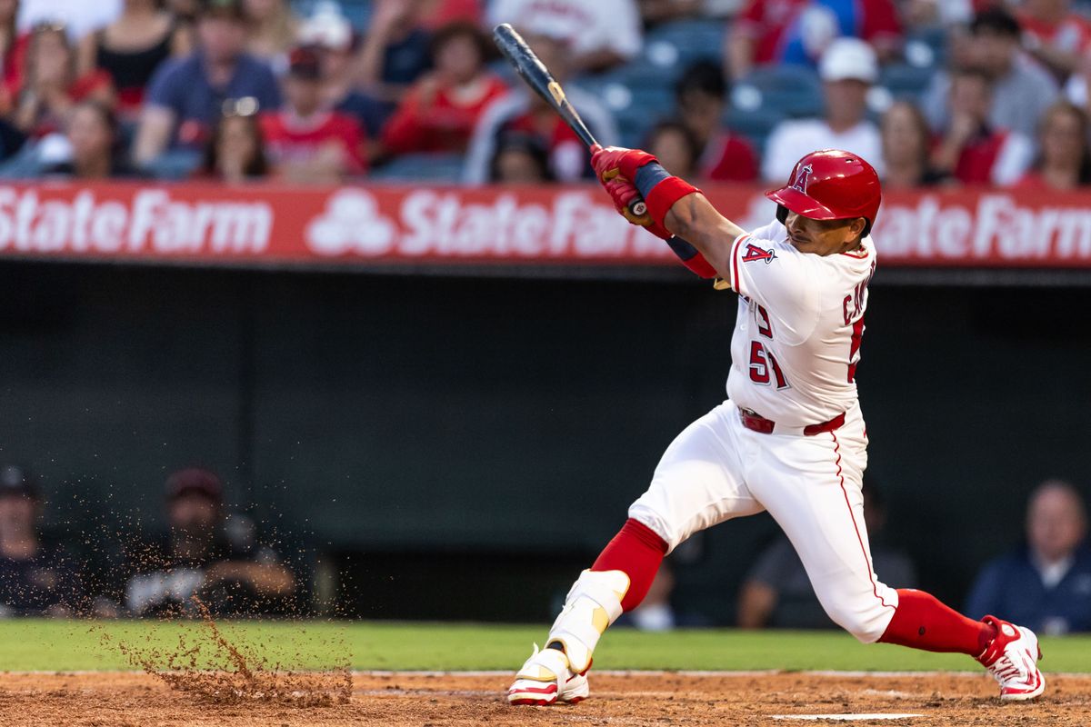 Los Angeles Angels outfielder Gustavo Campero (51) slams the ball against the dirt during the MLB game against the Texas Rangers Tuesday July 30th, 2025 at Angel's Stadium in Anaheim, Calif. Los Angeles Angels outfielder Gustavo Campero (51) slams the ball against the dirt during the MLB game against the Texas Rangers Tuesday July 30th, 2025 at Angel's Stadium in Anaheim, Calif.