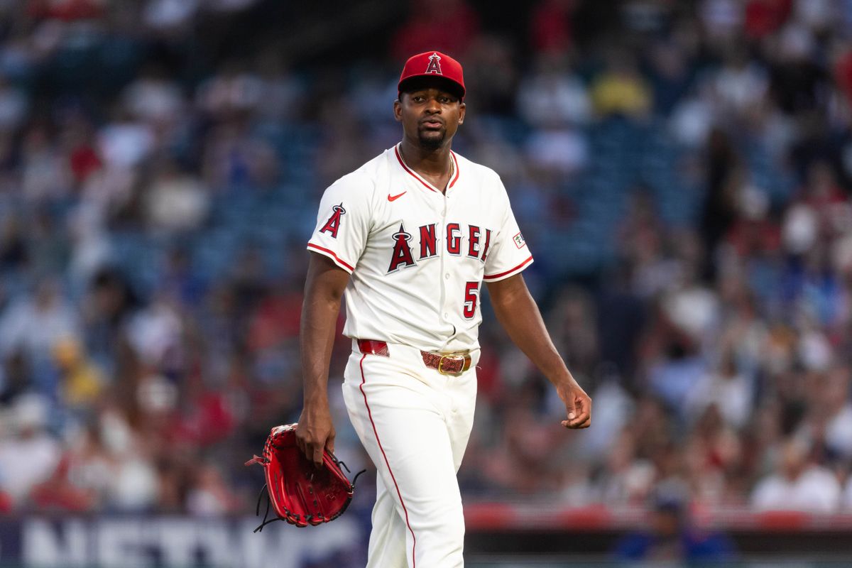 Los Angeles Angels pitcher José Soriano (59) the starting pitcher strikes out Texas Rangers and walks to dugout during the MLB game against the Texas Rangers Tuesday July 30th, 2025 at Angel's Stadium in Anaheim, Calif. Los Angeles Angels pitcher José Soriano (59) the starting pitcher strikes out Texas Rangers and walks to dugout during the MLB game against the Texas Rangers Tuesday July 30th, 2025 at Angel's Stadium in Anaheim, Calif.