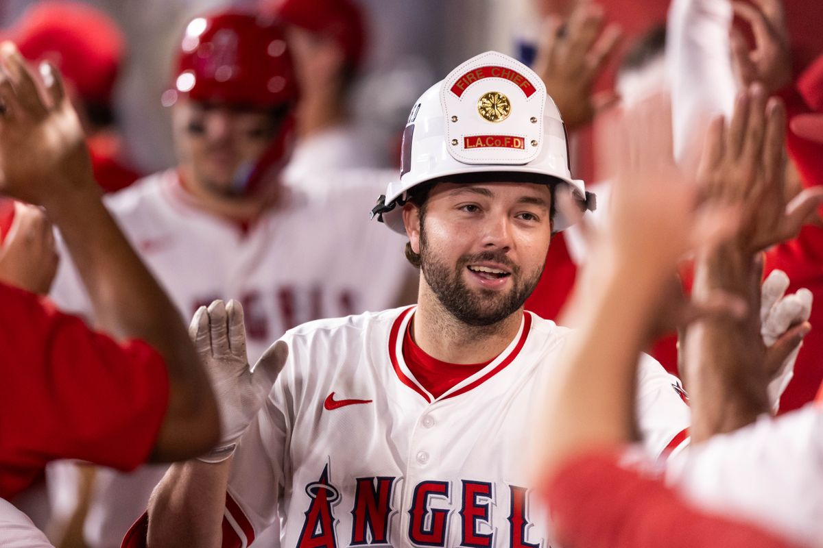 Los Angeles Angels first base Nolan Schanuel (18) celebrates his home run in the dugout during the MLB game against the Texas Rangers Tuesday July 30th, 2025 at Angel's Stadium in Anaheim, Calif. Los Angeles Angels first base Nolan Schanuel (18) celebrates his home run in the dugout during the MLB game against the Texas Rangers Tuesday July 30th, 2025 at Angel's Stadium in Anaheim, Calif.