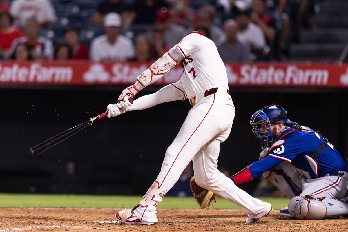 Los Angeles Angels outfielder Jo Adell (7) breaks his bat while hitting during the MLB game against the Texas Rangers Tuesday July 30th, 2025 at Angel's Stadium in Anaheim, Calif. Los Angeles Angels outfielder Jo Adell (7) breaks his bat while hitting during the MLB game against the Texas Rangers Tuesday July 30th, 2025 at Angel's Stadium in Anaheim, Calif.