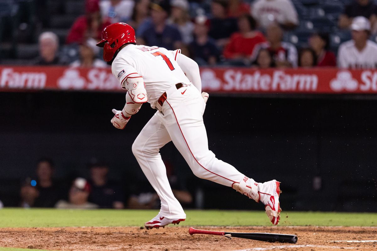 Los Angeles Angels outfielder Jo Adell (7) runs to first after breaking his bat during the MLB game against the Texas Rangers Tuesday July 30th, 2025 at Angel's Stadium in Anaheim, Calif. Los Angeles Angels outfielder Jo Adell (7) runs to first after breaking his bat during the MLB game against the Texas Rangers Tuesday July 30th, 2025 at Angel's Stadium in Anaheim, Calif.