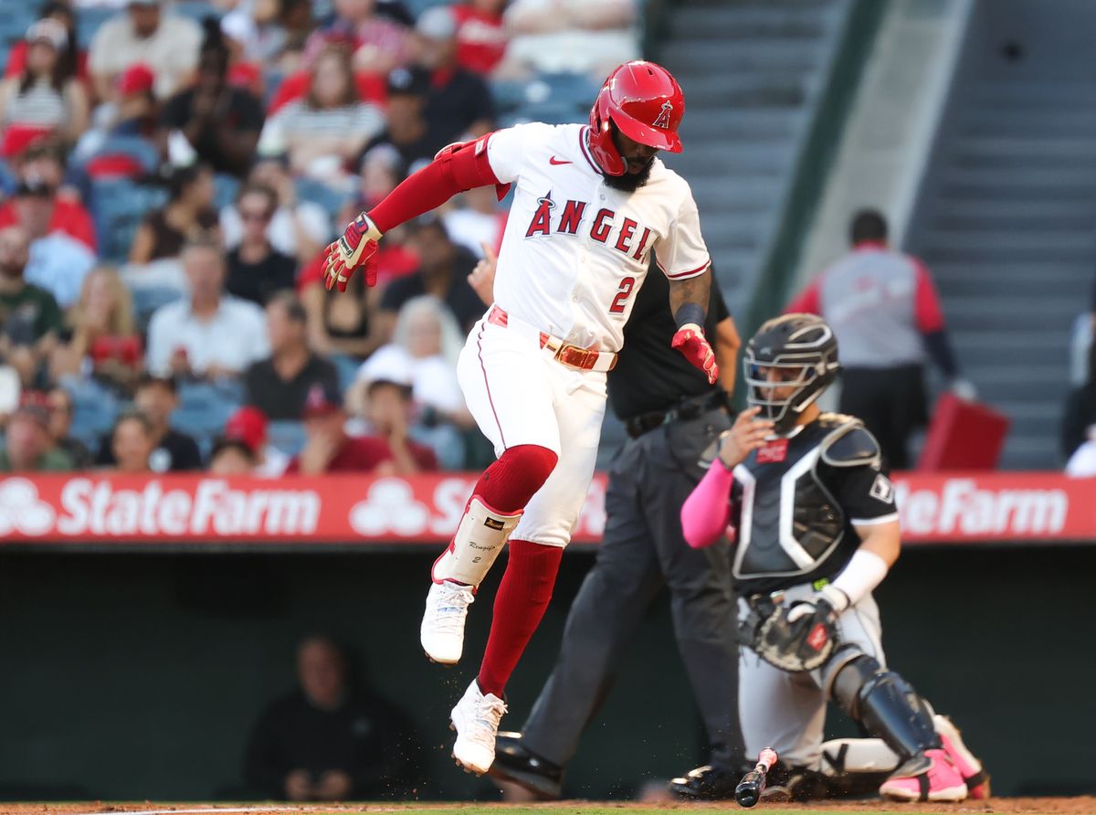 #2 Luis Rengifo of the Los Angeles Angels reacts to being hit by a pitch during an MLB game against the Chicago White Sox on August 1, 2025 in Anaheim, CA.