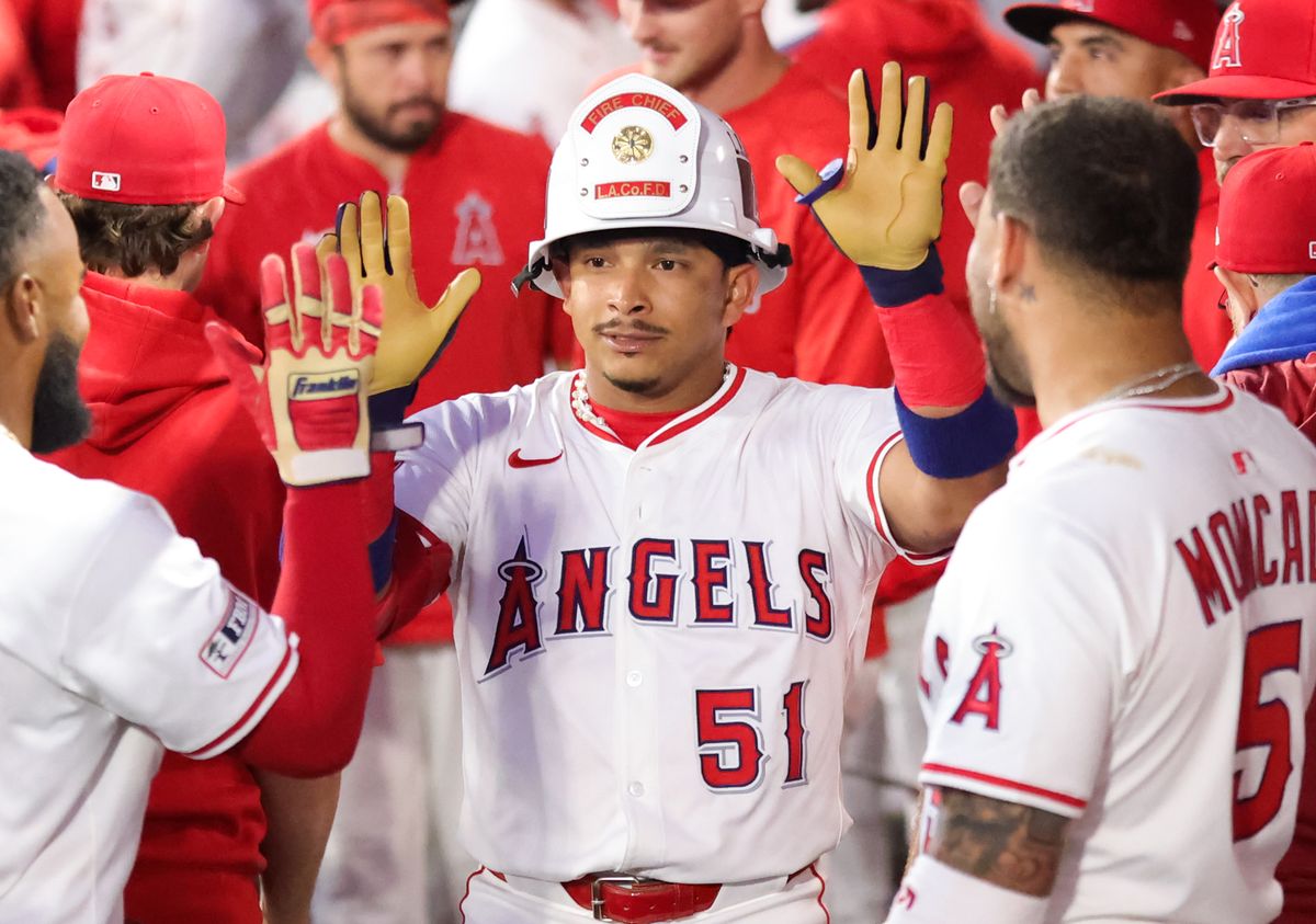 #51 Gustavo Campero of the Los Angeles Angels celebrates a home run with teammates during an MLB game against the Chicago White Sox on August 1, 2025 in Anaheim, CA.