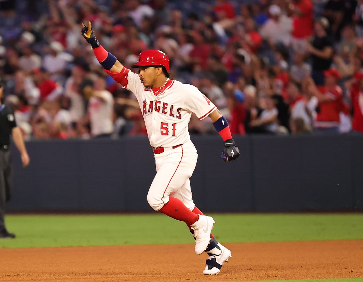 #51 Gustavo Campero of the Los Angeles Angels celebrates a home run during an MLB game against the Chicago White Sox on August 1, 2025 in Anaheim, CA.