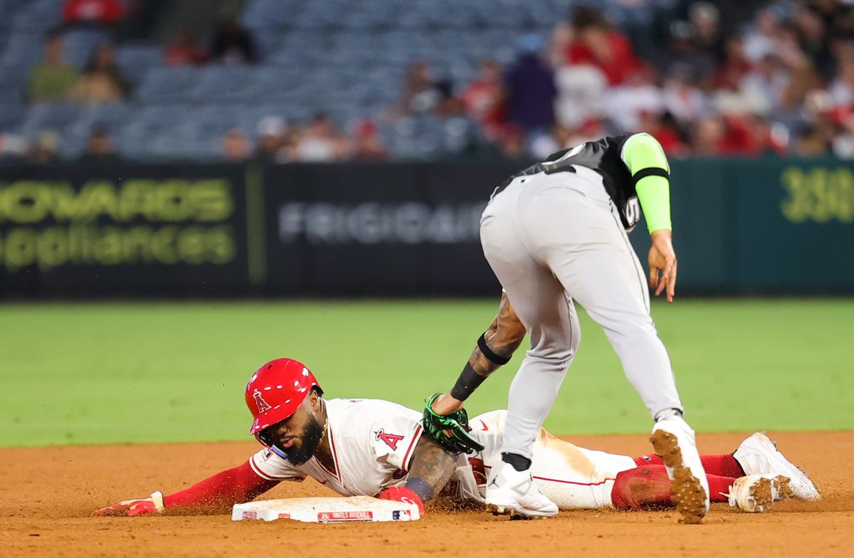 #2 Luis Rengifo of the Los Angeles Angels attempts to steal second base during an MLB game against the Chicago White Sox on August 1, 2025 in Anaheim, CA.