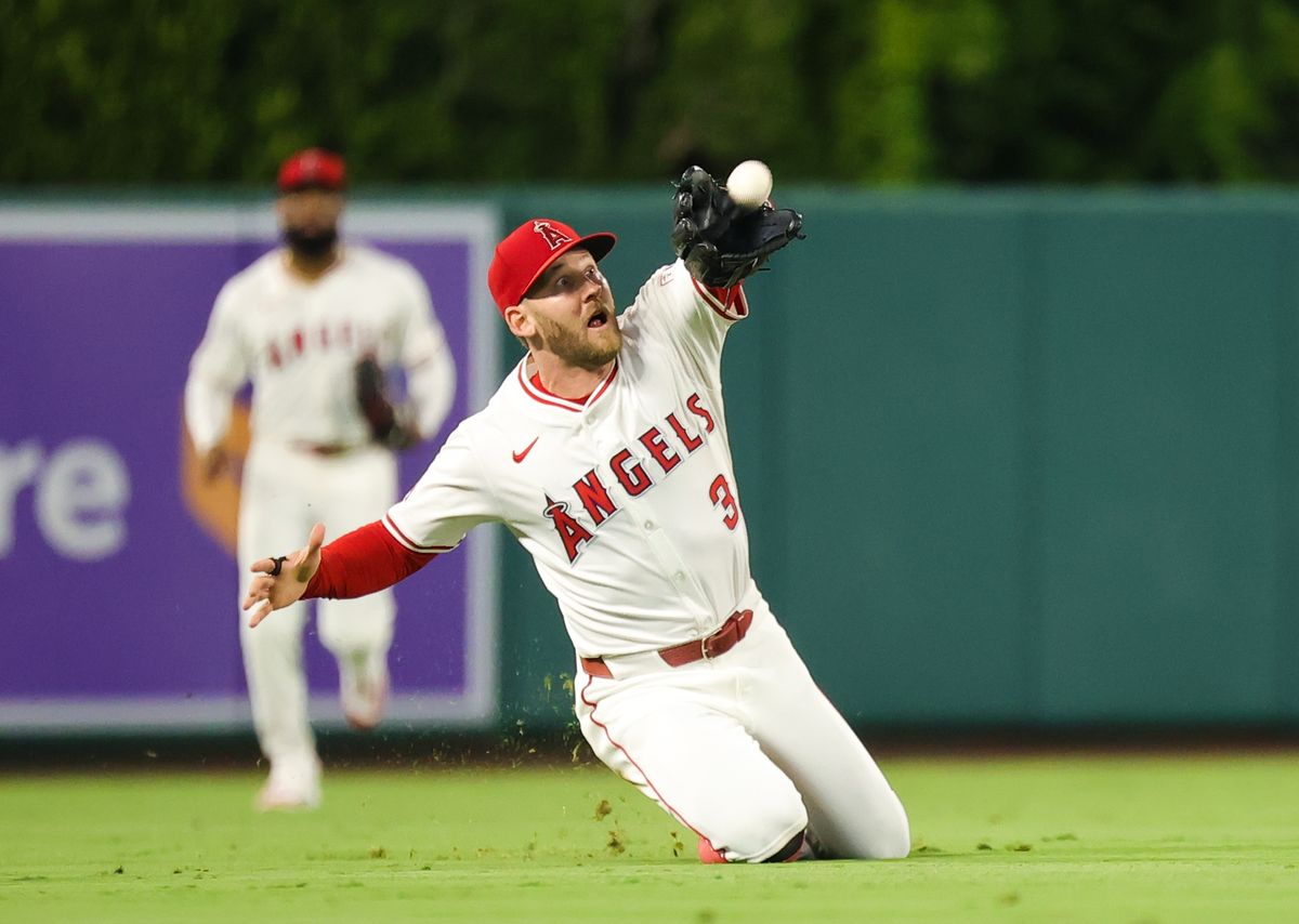 #3 Taylor Ward of the Los Angeles Angels makes a sliding catch during an MLB game against the Chicago White Sox on August 1, 2025 in Anaheim, CA.
