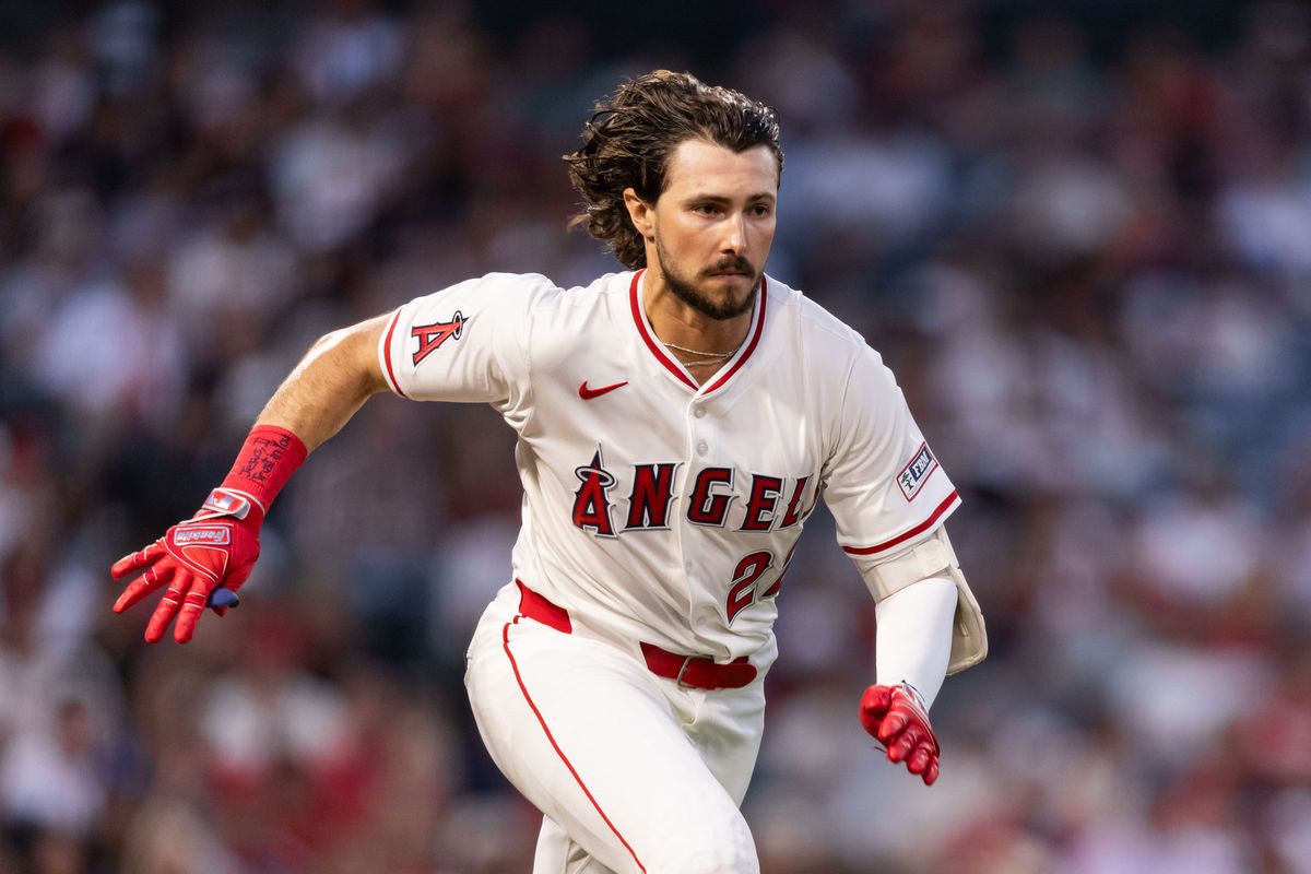 Los Angeles Angels outfielder Bryce Teodosio (22) runs to first base during the MLB game against the Chicago White Sox, Saturday, August 2nd 2025 at Angel's Stadium in Anaheim, Calif.