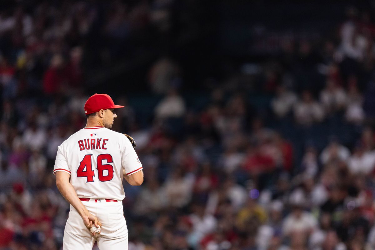 Los Angeles Angels pitcher Brock Burke (46) prepares to pitch during the MLB game against the Chicago White Sox, Saturday, August 2nd 2025 at Angel's Stadium in Anaheim, Calif.