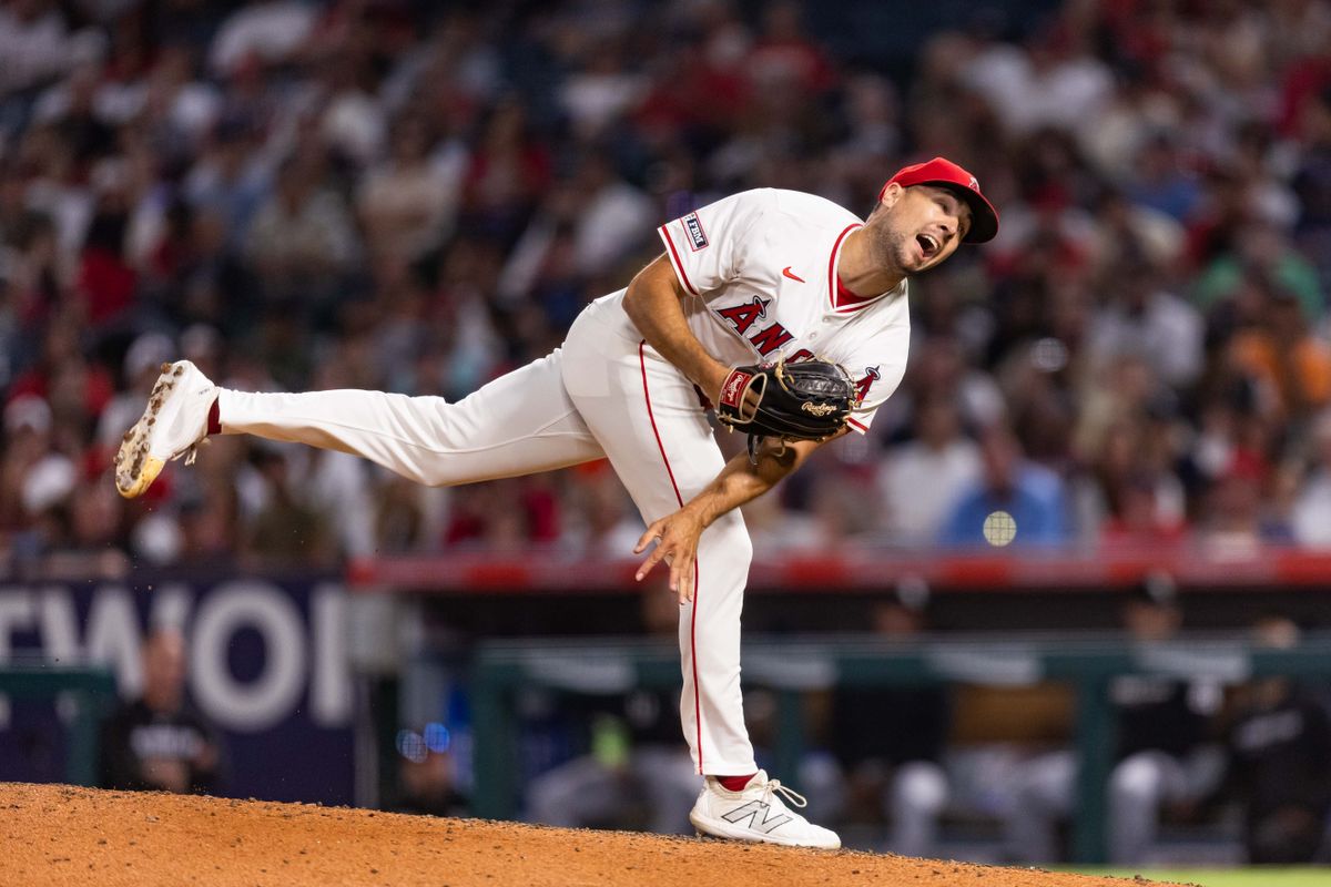 Los Angeles Angels pitcher Brock Burke (46) pitches during the MLB game against the Chicago White Sox, Saturday, August 2nd 2025 at Angel's Stadium in Anaheim, Calif.