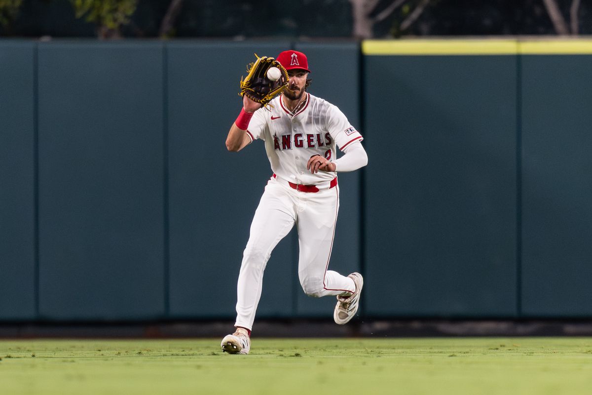 Los Angeles Angels outfielder Bryce Teodosio (22) catches a ball outfield during the MLB game against the Chicago White Sox, Saturday, August 2nd 2025 at Angel's Stadium in Anaheim, Calif.