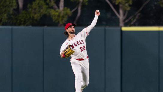 Los Angeles Angels outfielder Bryce Teodosio (22) throws the ball from outfield during the MLB game against the Chicago White Sox, Saturday, August 2nd 2025 at Angel's Stadium in Anaheim, Calif.