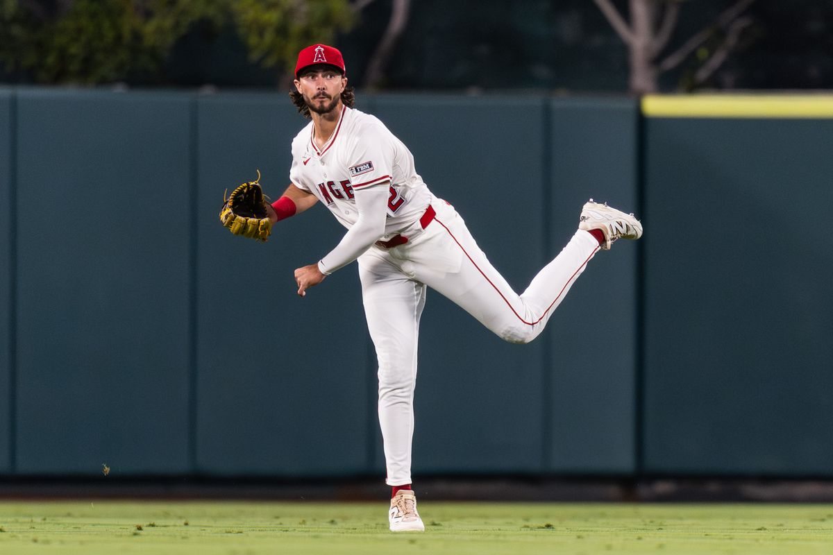 Los Angeles Angels outfielder Bryce Teodosio (22) complete his throw from outfield during the MLB game against the Chicago White Sox, Saturday, August 2nd 2025 at Angel's Stadium in Anaheim, Calif. 