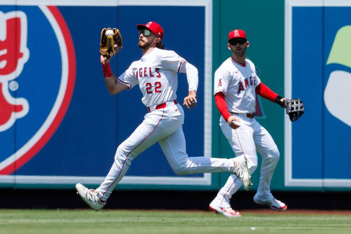 Bryce Teodosio #22 of the Los Angeles Angels catches the ball during the game against the Chicago White Sox at Angel Stadium of Anaheim on August 3, 2025 in Anaheim, California.