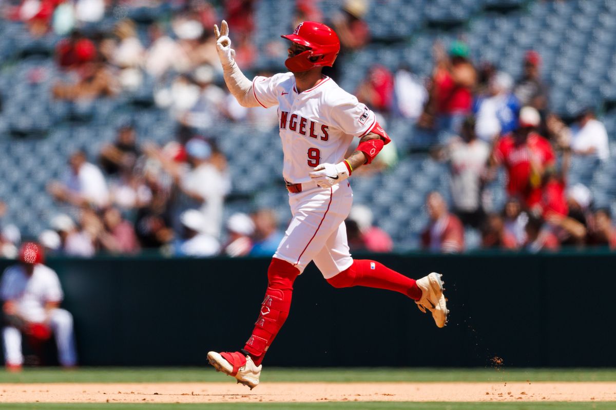 Zach Neto #9 of the Los Angeles Angels celebrates his home run during the game against the Chicago White Sox at Angel Stadium of Anaheim on August 3, 2025 in Anaheim, California.