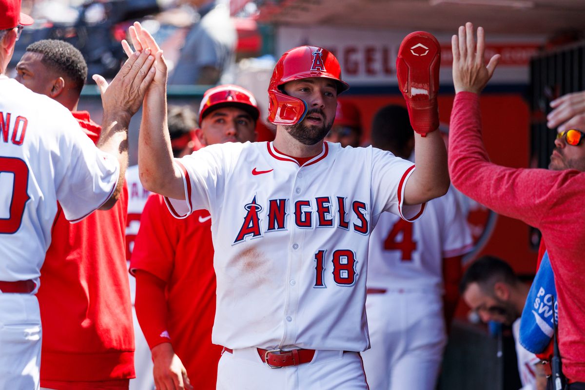 Nolan Schanuel #18 of the Los Angeles Angels celebrates in the dugout during the game against the Chicago White Sox at Angel Stadium of Anaheim on August 3, 2025 in Anaheim, California. 