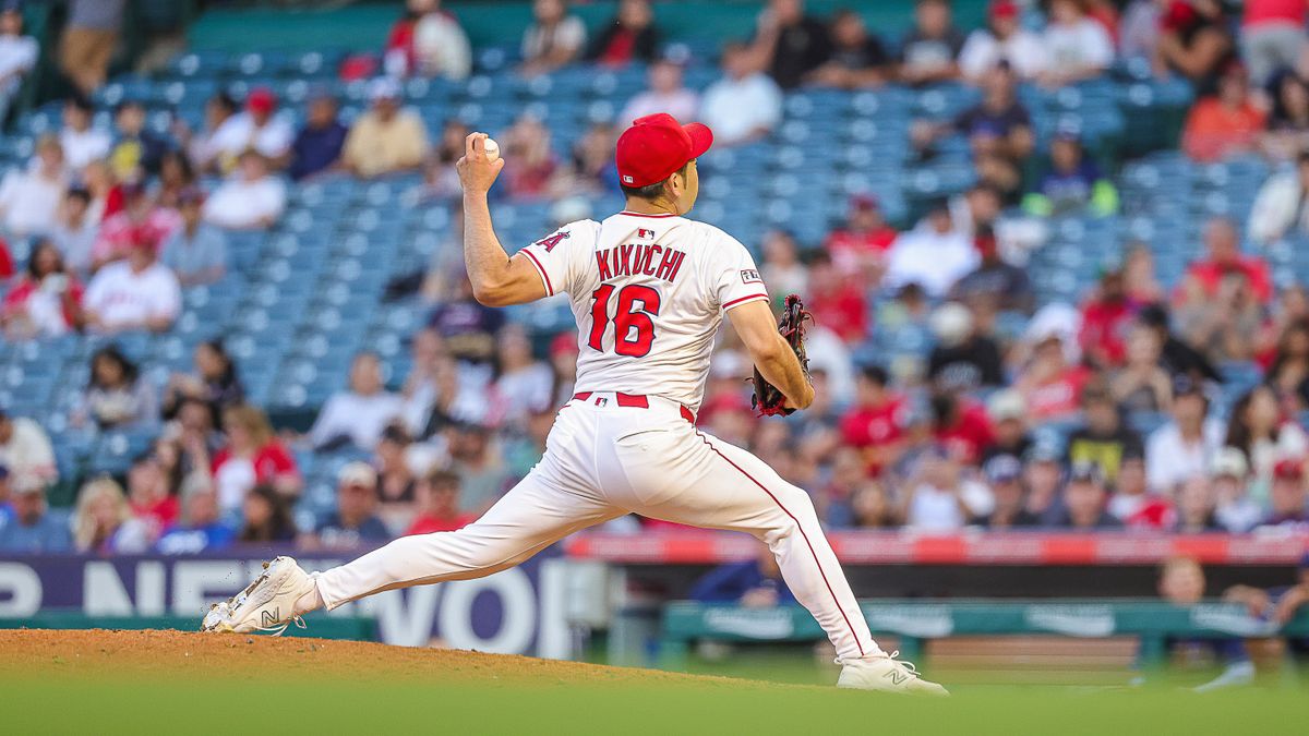Yusei Kikuchi #16 of the Los Angeles Angels pitching against the Tampa Bay Rays at Angel Stadium of Anaheim on August 4, 2025 in Anaheim, California. Yusei Kikuchi #16 of the Los Angeles Angels pitching against the Tampa Bay Rays at Angel Stadium of Anaheim on August 4, 2025 in Anaheim, California.