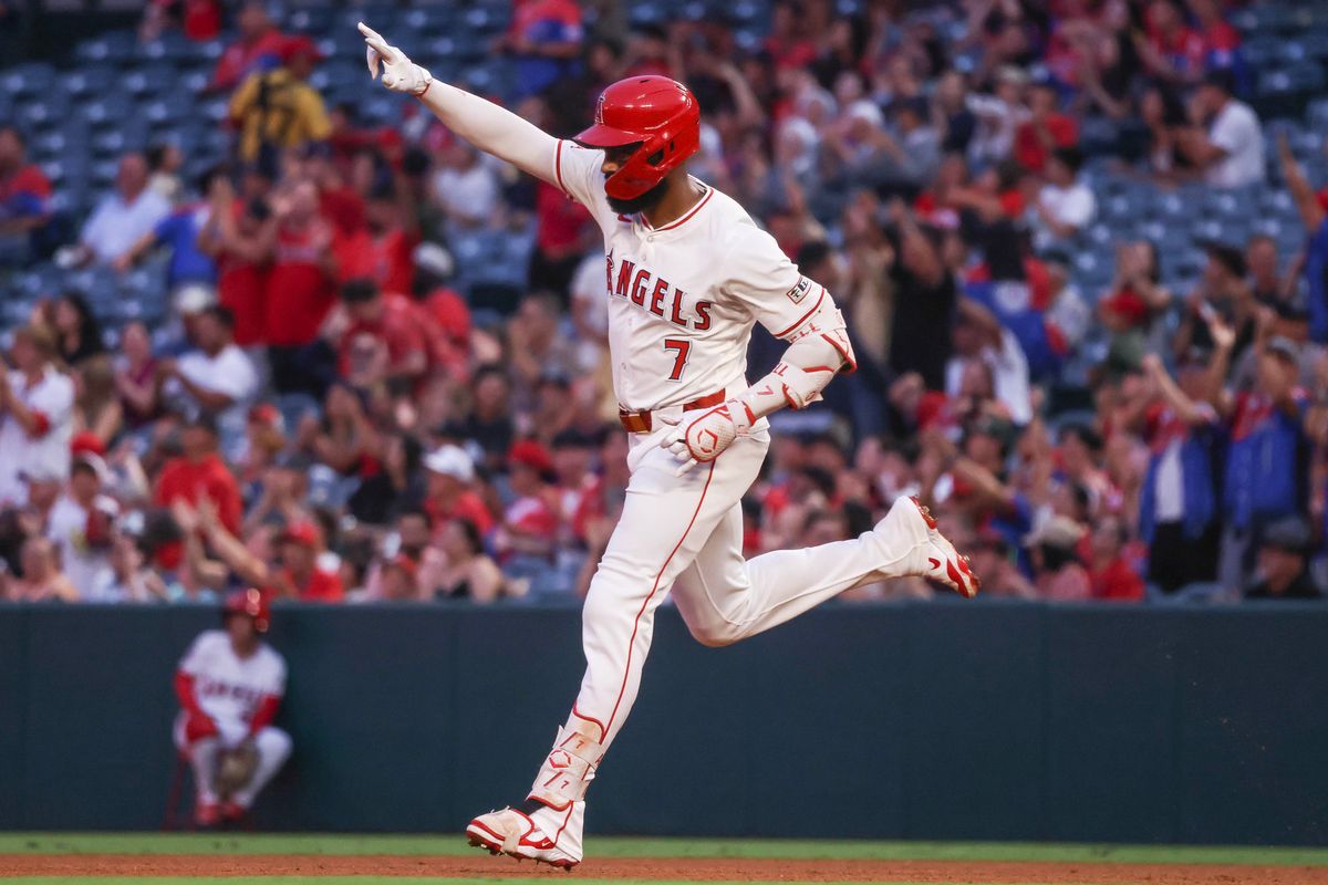 Los Angeles Angels outfielder Jo Adell (7) celebrates after hitting a home run during the MLB game against the Tampa Bay Rays Tuesday August 5th, 2025 at Angel's Stadium in Anaheim, Calif.