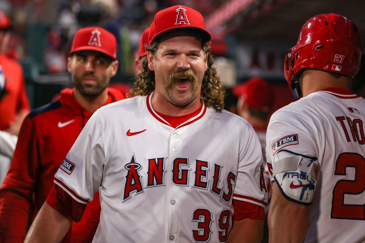 Los Angeles Angels left handed pitcher Andrew Chafin (39) after pitching an inning during the MLB game against the Tampa Bay Rays Tuesday August 5th, 2025 at Angel's Stadium in Anaheim, Calif.
