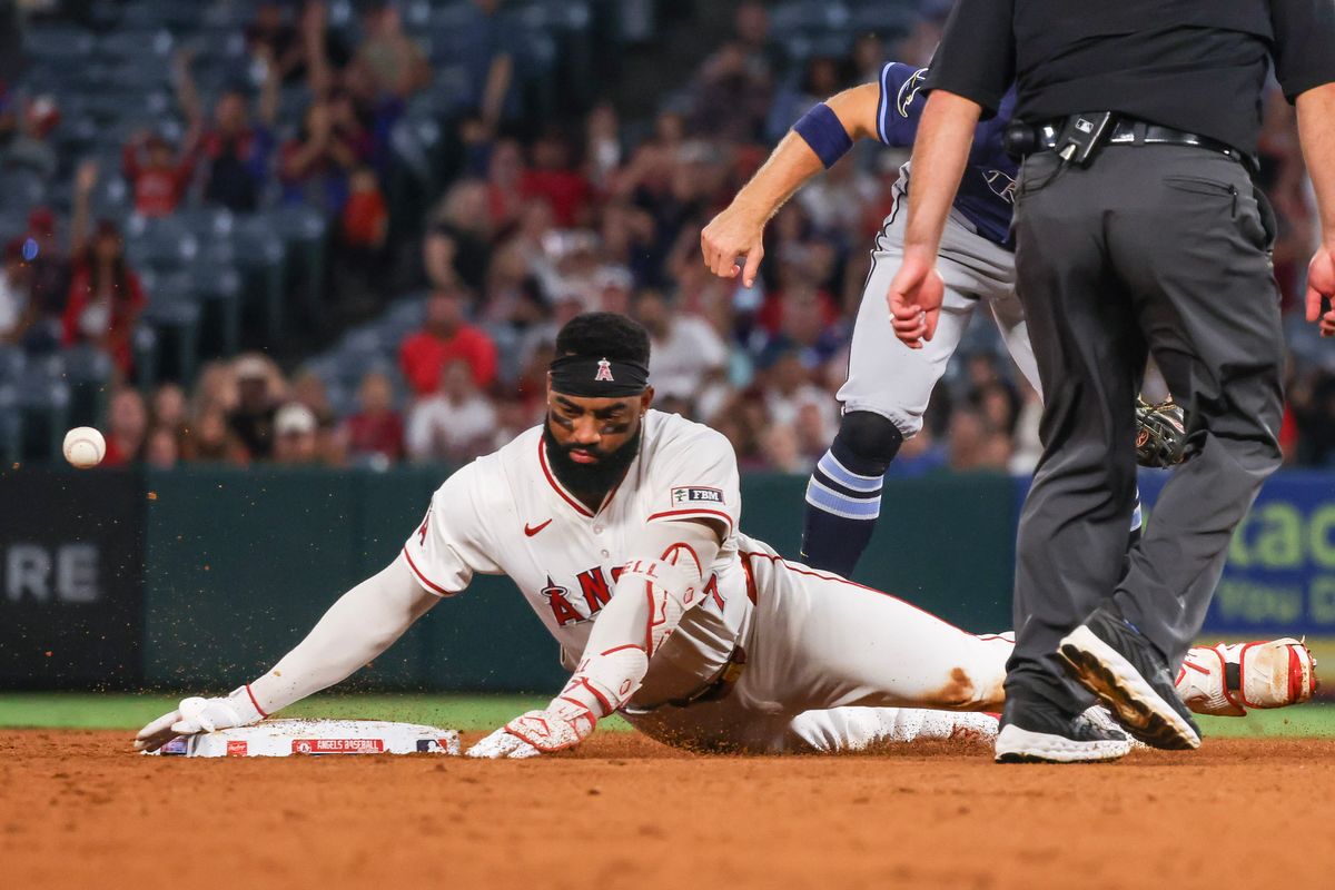 Los Angeles Angels outfielder Jo Adell (7) slides into second base during the MLB game against the Tampa Bay Rays Tuesday August 5th, 2025 at Angel's Stadium in Anaheim, Calif.