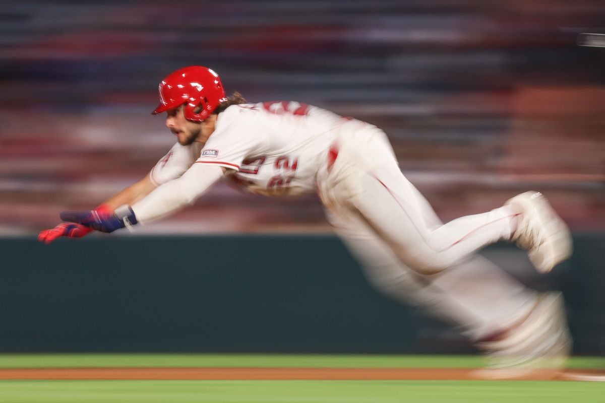 Los Angeles Angels outfielder Bryce Teodosio (22) slides into second base during the MLB game against the Tampa Bay Rays Tuesday August 5th, 2025 at Angel's Stadium in Anaheim, Calif.