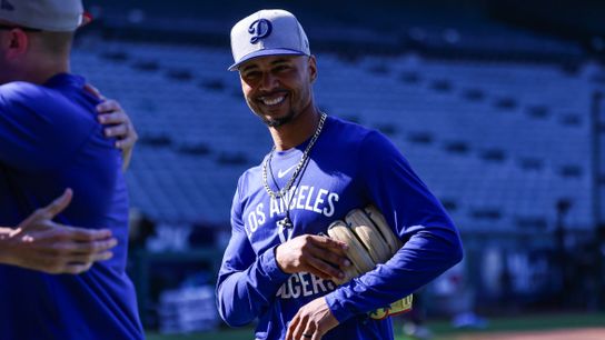 Los Angeles Dodgers infielder Mookie Betts (50) before the MLB game against the Los Angeles Angels Monday August 11th, 2025 at Angel's Stadium in Anaheim, Calif.