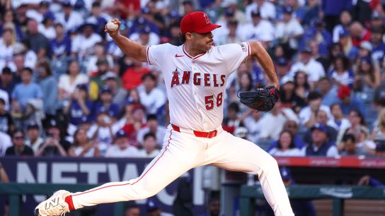 Los Angeles Angels right handed pitcher Victor Mederos (58) delivers a pitch during the MLB game against the Los Angeles Dodgers Tuesday August 12th, 2025 at Angel's Stadium in Anaheim, Calif.