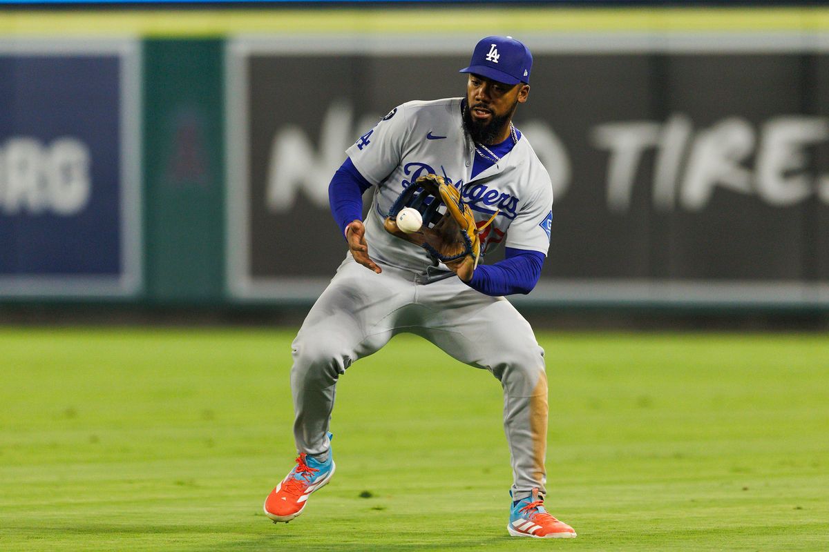 Teoscar Hernández #37 of the Los Angeles Dodgers catches the ball during the game against the Los Angeles Angels at Angel Stadium of Anaheim on August 13, 2025 in Anaheim, California. 