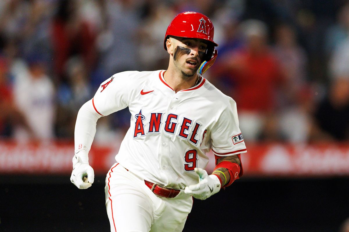 Zach Neto #9 of the Los Angeles Angels runs during the game against the Los Angeles Dodgers at Angel Stadium of Anaheim on August 13, 2025 in Anaheim, California.