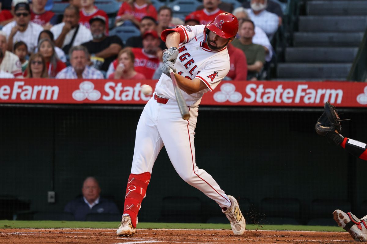 Los Angeles Angels infielder Nolan Schanuel (18) hits the ball during the MLB game against the Cincinnati Reds Monday August 18th, 2025 at Angel's Stadium in Anaheim, Calif.