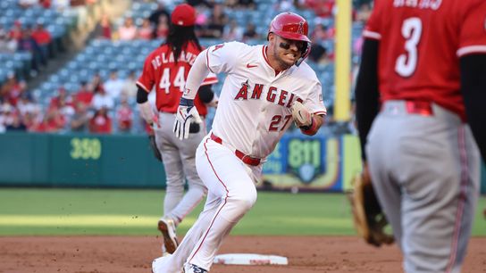 Los Angeles Angels outfielder Mike Trout (27) runs during the MLB game against the Cincinnati Reds Monday August 18th, 2025 at Angel's Stadium in Anaheim, Calif.