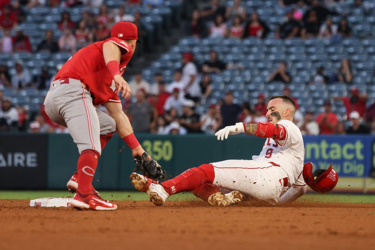 Los Angeles Angels infielder Zach Neto (9) slides to second base during the MLB game against the Cincinnati Reds Monday August 18th, 2025 at Angel's Stadium in Anaheim, Calif.