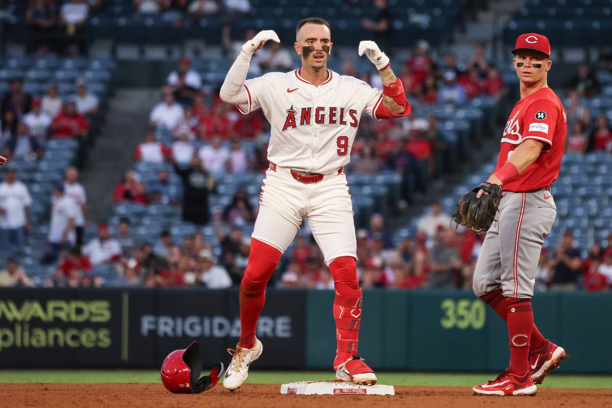 Los Angeles Angels infielder Zach Neto (9) celebrates during the MLB game against the Cincinnati Reds Monday August 18th, 2025 at Angel's Stadium in Anaheim, Calif.