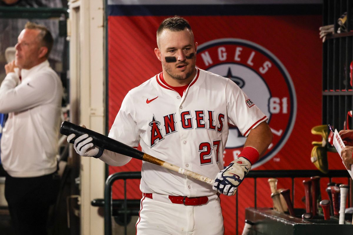 Los Angeles Angels outfielder Mike Trout (27) in the dugout during the MLB game against the Cincinnati Reds Monday August 18th, 2025 at Angel's Stadium in Anaheim, Calif.