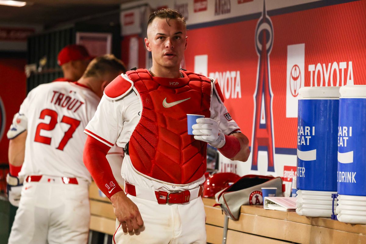 Los Angeles Angels catcher Logan O'Hoppe (14) in the dugout during the MLB game against the Cincinnati Reds Monday August 18th, 2025 at Angel's Stadium in Anaheim, Calif.