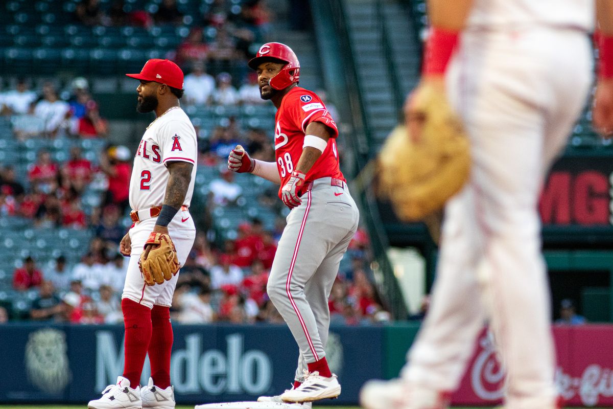 Cincinnati Reds Outfielder Miguel Andujar (38) celebrates a stand-up double in an MLB game against the Los Angeles Angels, Wednesday, August 20, 2025 at Angels Stadium in Anaheim, California.