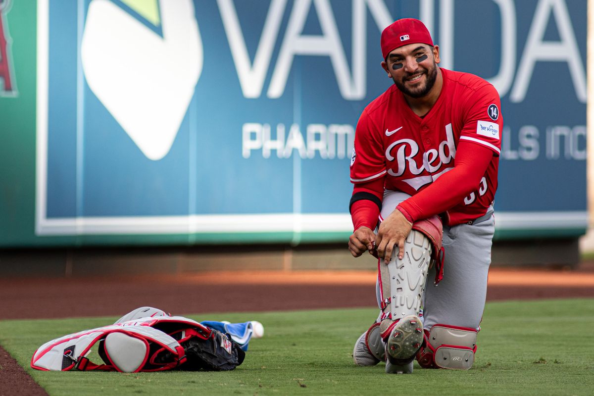 Cincinnati Red Catcher Jose Trevino (35) warms up before an MLB game against the Los Angeles Angels, Wednesday, August 20, 2025 at Angel's Stadium in Anaheim California.