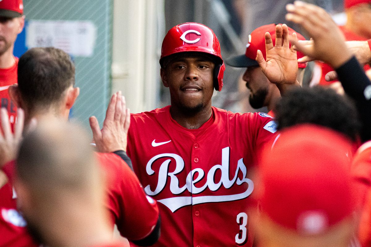 Cincinnati Reds Infielder Ke'Bryan Hayes (3) celebrates in the dugout after scoring the first run of the game in an MLB game against the Los Angeles Angels, Wednesday, August 20, 2025 at Angels Stadium in Anaheim, California.