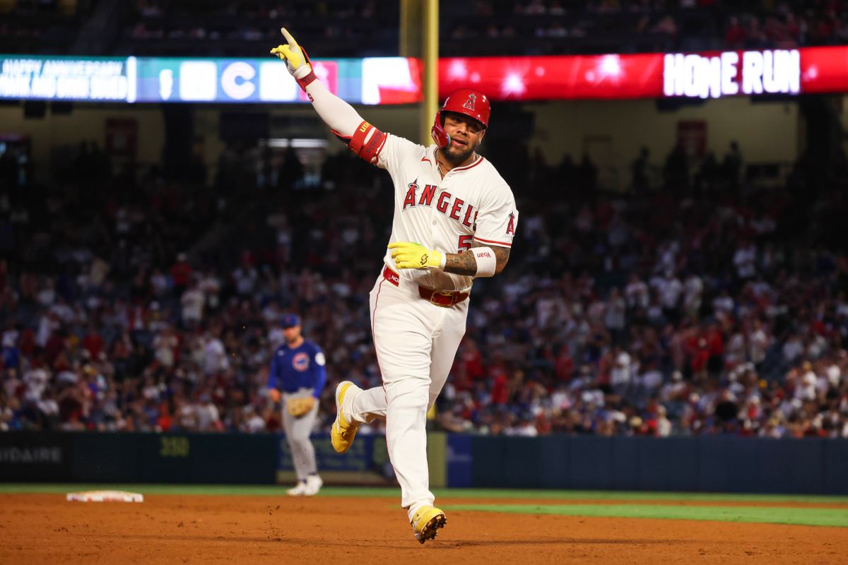 Los Angeles Angels infielder Yoán Moncada (5) celebrates after hitting a home run during the MLB game against the Chicago Cubs Friday August 22nd, 2025 at Angel's Stadium in Anaheim, Calif. Los Angeles Angels infielder Yoán Moncada (5) celebrates after hitting a home run during the MLB game against the Chicago Cubs Friday August 22nd, 2025 at Angel's Stadium in Anaheim, Calif.
