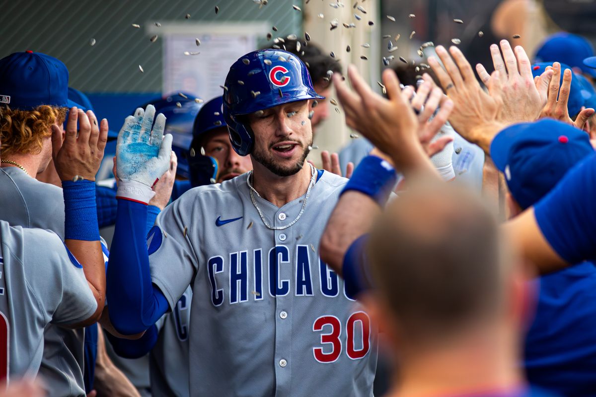 Chicago Cubs Outfielder Kyle Tucker (30) celebrates in the dugout after hitting a solo-homerun against Chicago Cubs Outfielder Kyle Tucker (30) celebrates in the dugout after hitting a solo-homerun against