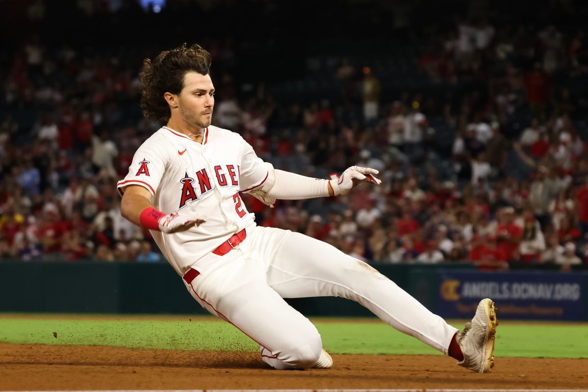 Los Angeles Angels outfielder Bryce Teodosio (22) slides during the MLB game against the Minnesota Twins Monday September 8th, 2025 at Angel's Stadium in Anaheim, Calif. Los Angeles Angels outfielder Bryce Teodosio (22) slides during the MLB game against the Minnesota Twins Monday September 8th, 2025 at Angel's Stadium in Anaheim, Calif.