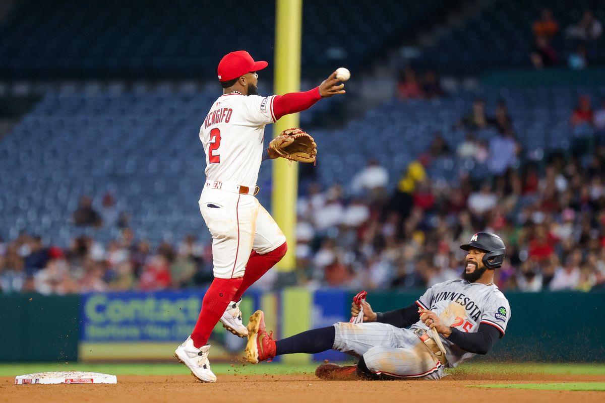 #2 Luis Rengifo of the Los Angeles Angels attempts a double play during an MLB game against the Minnesota Twins Tuesday September 9, 2025 in Anaheim, CA. #2 Luis Rengifo of the Los Angeles Angels attempts a double play during an MLB game against the Minnesota Twins Tuesday September 9, 2025 in Anaheim, CA.