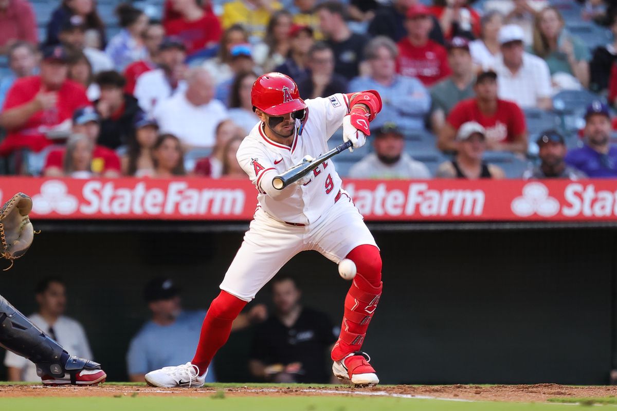 #9 Zach Neto of the Los Angeles Angels hits a bunt during an MLB game against the Minnesota Twins Tuesday September 9, 2025 in Anaheim, CA. #9 Zach Neto of the Los Angeles Angels hits a bunt during an MLB game against the Minnesota Twins Tuesday September 9, 2025 in Anaheim, CA.