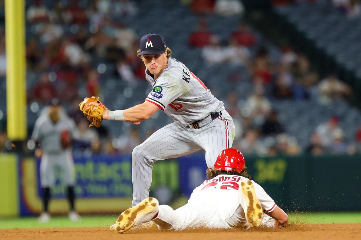 #22 Bryce Teodosio of the Los Angeles Angels slides to second base during an MLB game against the Minnesota Twins Tuesday September 9, 2025 in Anaheim, CA. #22 Bryce Teodosio of the Los Angeles Angels slides to second base during an MLB game against the Minnesota Twins Tuesday September 9, 2025 in Anaheim, CA.