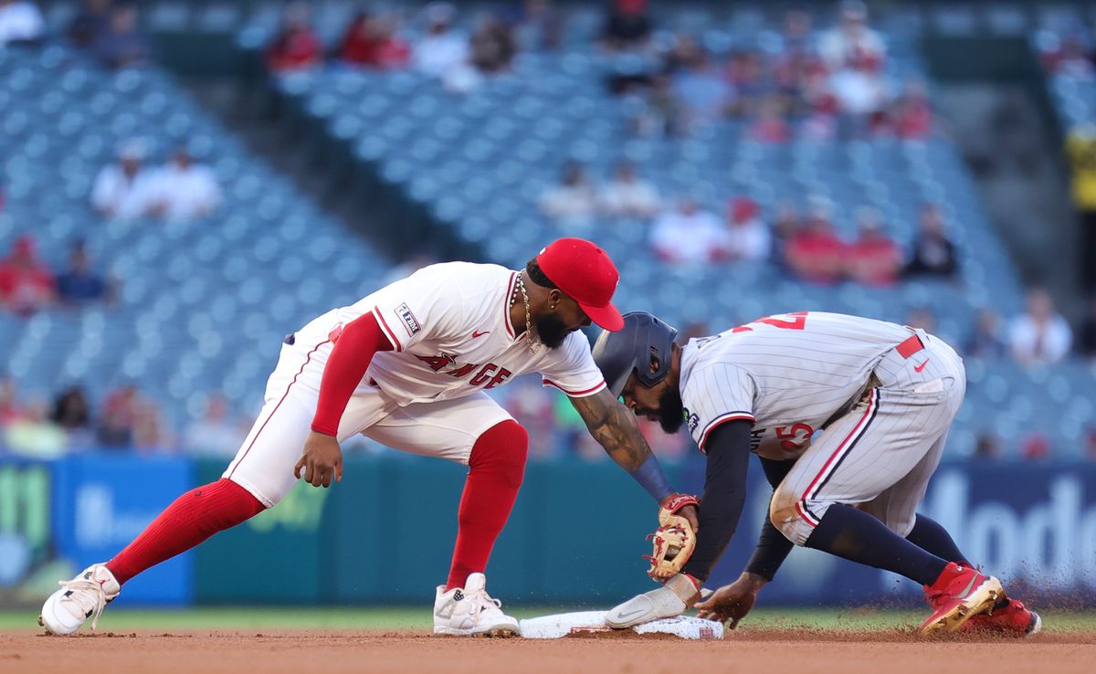 #2 Luis Rengifo of the Los Angeles Angels makes a tag at second base during an MLB game against the Minnesota Twins Tuesday September 9, 2025 in Anaheim, CA. #2 Luis Rengifo of the Los Angeles Angels makes a tag at second base during an MLB game against the Minnesota Twins Tuesday September 9, 2025 in Anaheim, CA.