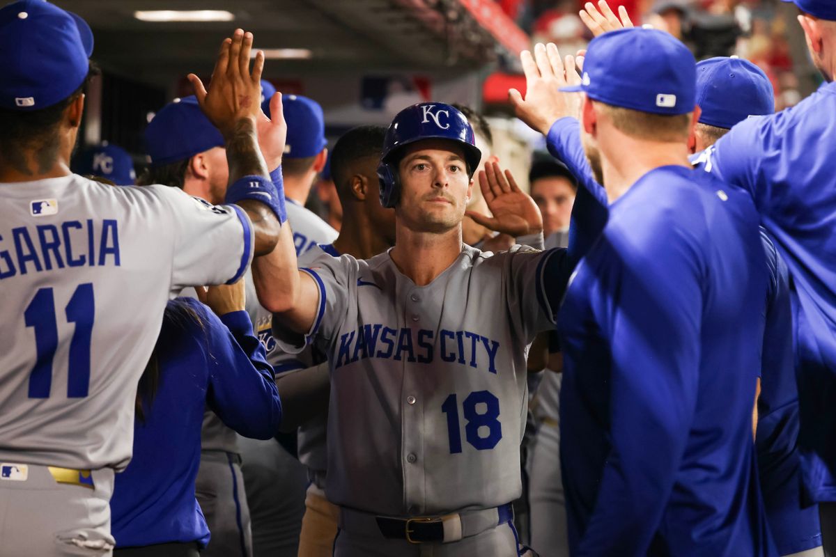 Kansas City Royals outfielder Mike Yastrzemski celebrates during the MLB game against the Los Angeles Angels Tuesday September 23rd, 2025 at Angel's Stadium in Anaheim, Calif.